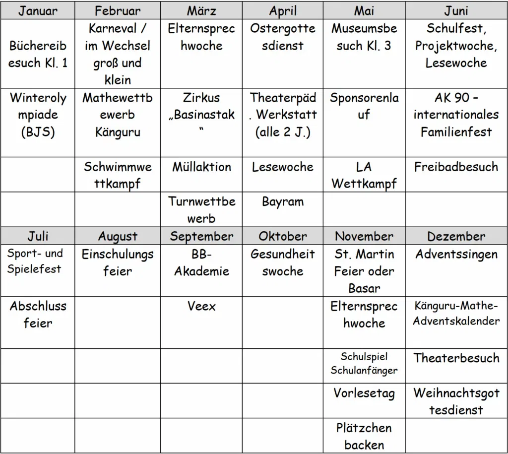 Regelmäßige Veranstaltungen im Schuljahr